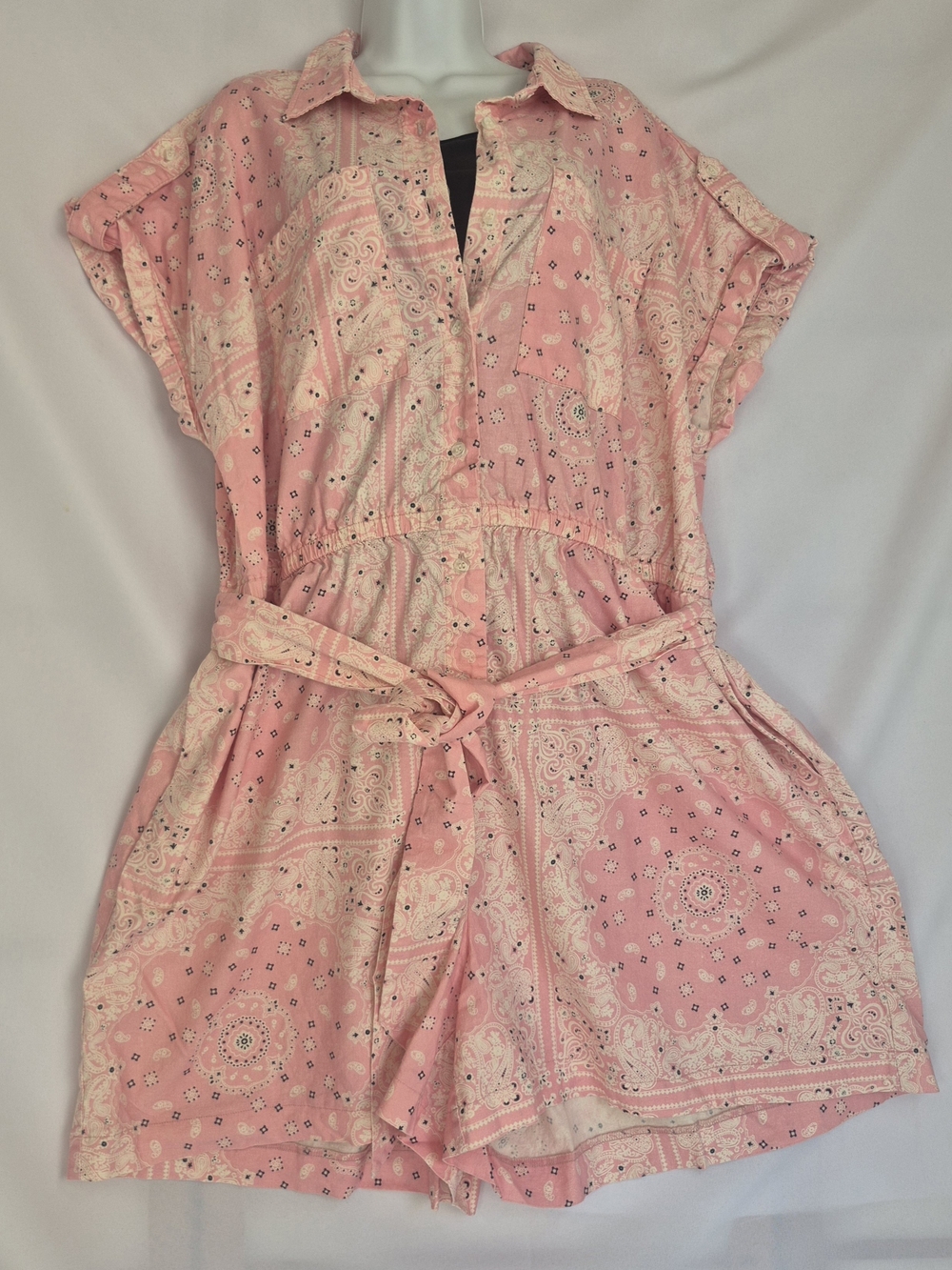 Lane Bryant Linen Blend Pink Paisley Short Sleeve Tie-Waist Romper